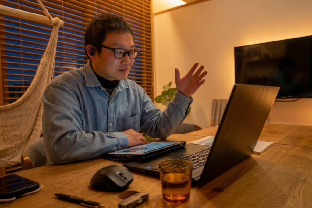 木目調のテーブルでノートPCとタブレットを使い、オンラインで打ち合わせをする男性。ウッドブラインドと間接照明の温かみに包まれた、夜の時間も心地よいナチュラルモダンなワークスペースの様子。