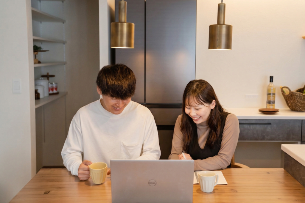 木のダイニングテーブルでパソコンを囲み、楽しそうに相談する夫婦。真鍮のペンダントライトと落ち着いたトーンのキッチンが調和する、洗練されたモダンな住空間の様子。