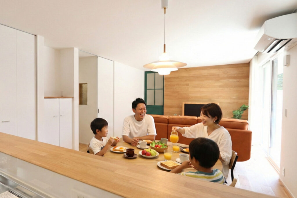 木の質感を活かした対面キッチンとダイニングテーブルを囲み、明るい照明の下で笑顔で朝食を楽しむ家族の風景。