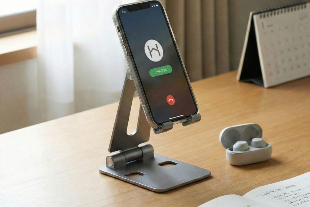 スマートフォンの画面に表示されたオンライン通話の着信と、デスクに置かれたワイヤレスイヤホン