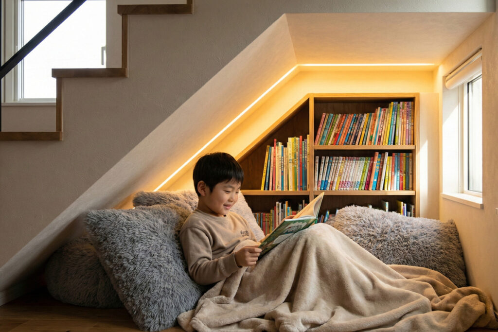 階段下のデッドスペースを有効活用し、間接照明と本棚を設けた、子供が読書を楽しめる隠れ家のようなヌック。