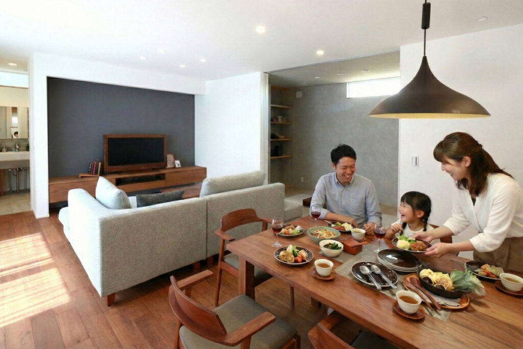 落ち着いたグレーのアクセントウォールがあるリビング。ダイニングテーブルでは笑顔の家族が食事を楽しんでおり、高性能な家で実現する豊かで健康的な食卓の風景を捉えています。