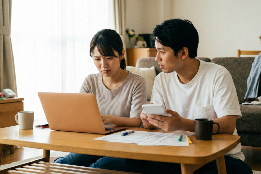 リビングのローテーブルにノートパソコン、電卓、書類を広げ、不安そうな表情で資金計画や住宅ローンのシミュレーションを行う夫婦。