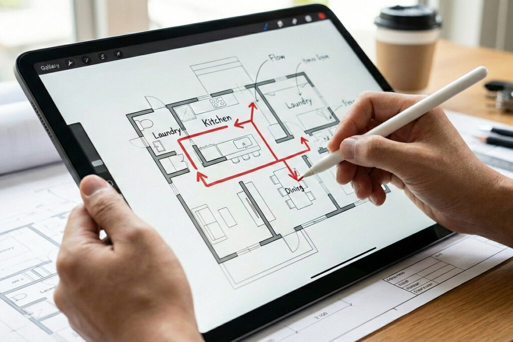 タブレット端末に表示された住宅の間取り図に、タッチペンでキッチン周りの家事動線を書き込んでいる様子