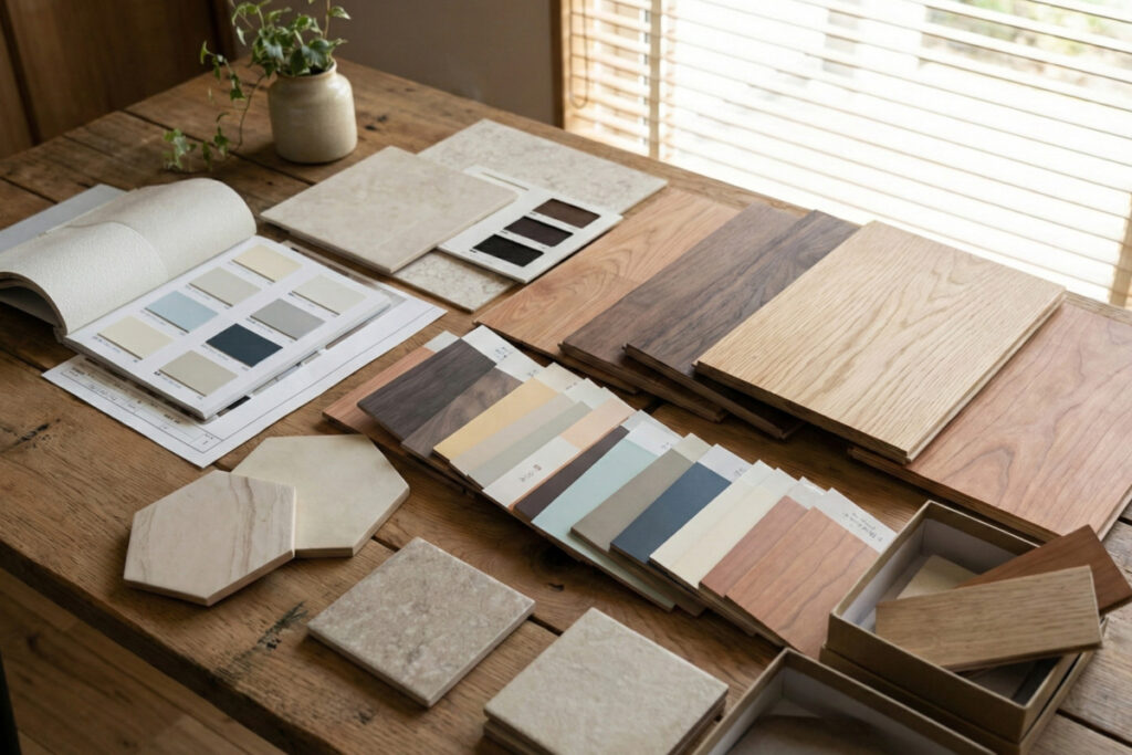 木のテーブルの上に並べられた、無垢フローリング材、タイル、壁紙、色見本帳などのさまざまな建材サンプル