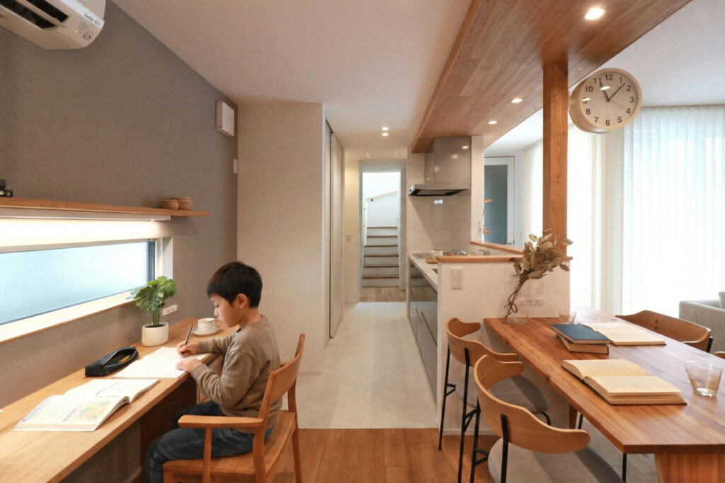 無垢材の床とスケルトン階段が調和する、大きなソファを置いてもゆとりのある開放的なオープンリビング。