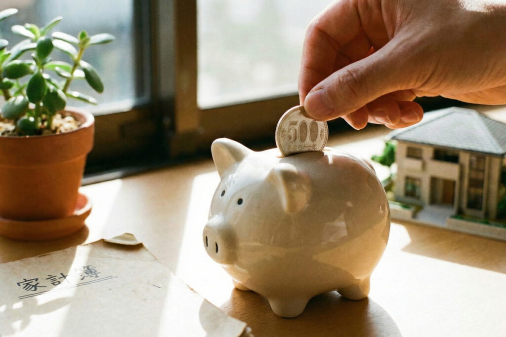 際の明るいテーブルの上で、豚の貯金箱に500円玉を入れる手元。横には住宅模型と観葉植物、家計簿が置かれ、家づくりのための貯蓄や資金準備をイメージさせます。