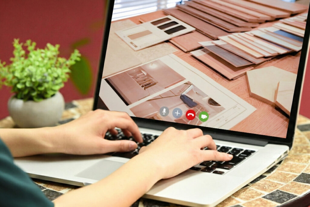 オンライン会議の画面に映る床材やタイルのサンプルを確認しながら、パソコンで打ち合わせを進める手元
