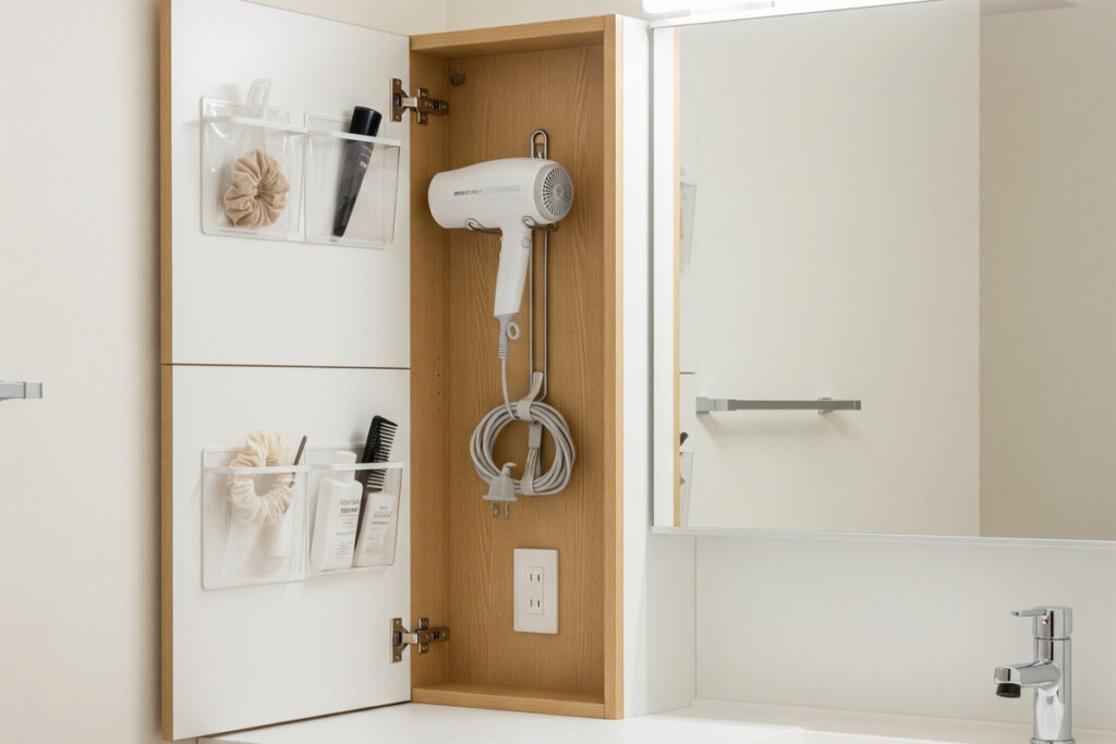 洗面収納の扉裏を活用し、ドライヤーやヘア小物を定位置に収められるホルダーとクリアポケットの収納アイデア。