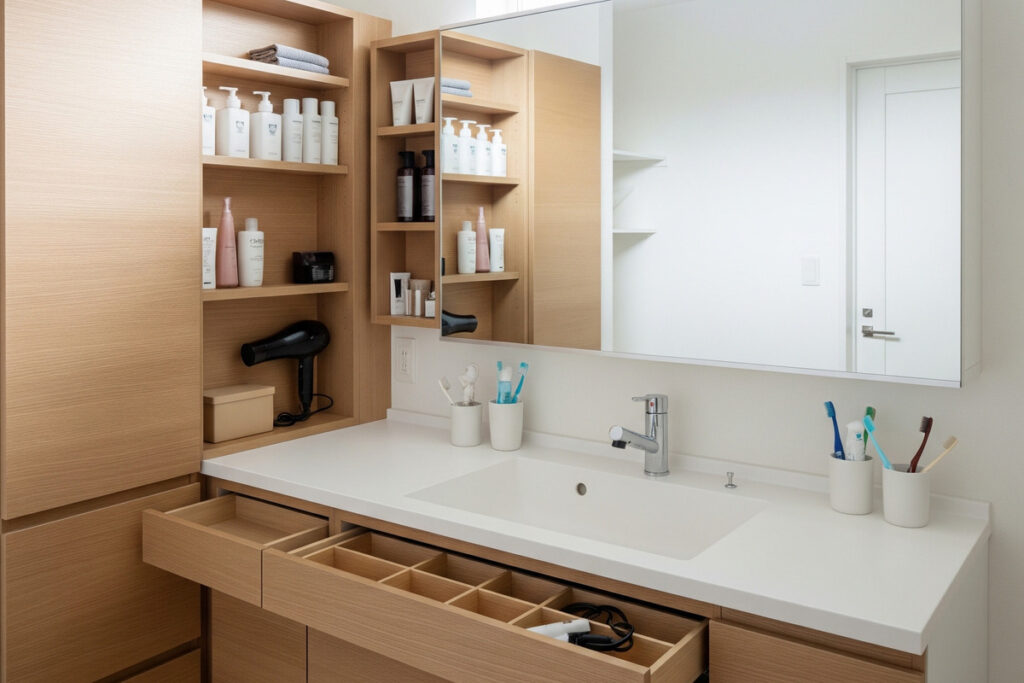 木製の造作洗面台。仕切り付きの引き出しやサイドのオープン棚により、ドライヤーや小物を効率よく整理できる。