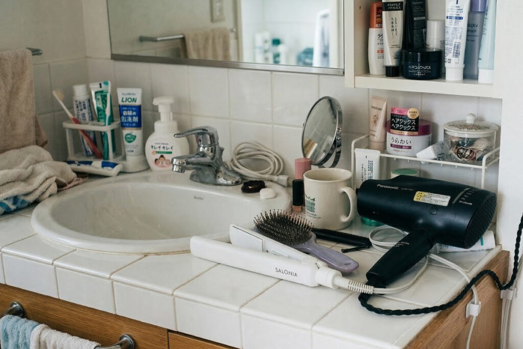 白タイル張りの洗面台の上に、ドライヤーやヘアアイロン、多数の洗面用品が混雑して置かれた日常的な風景。