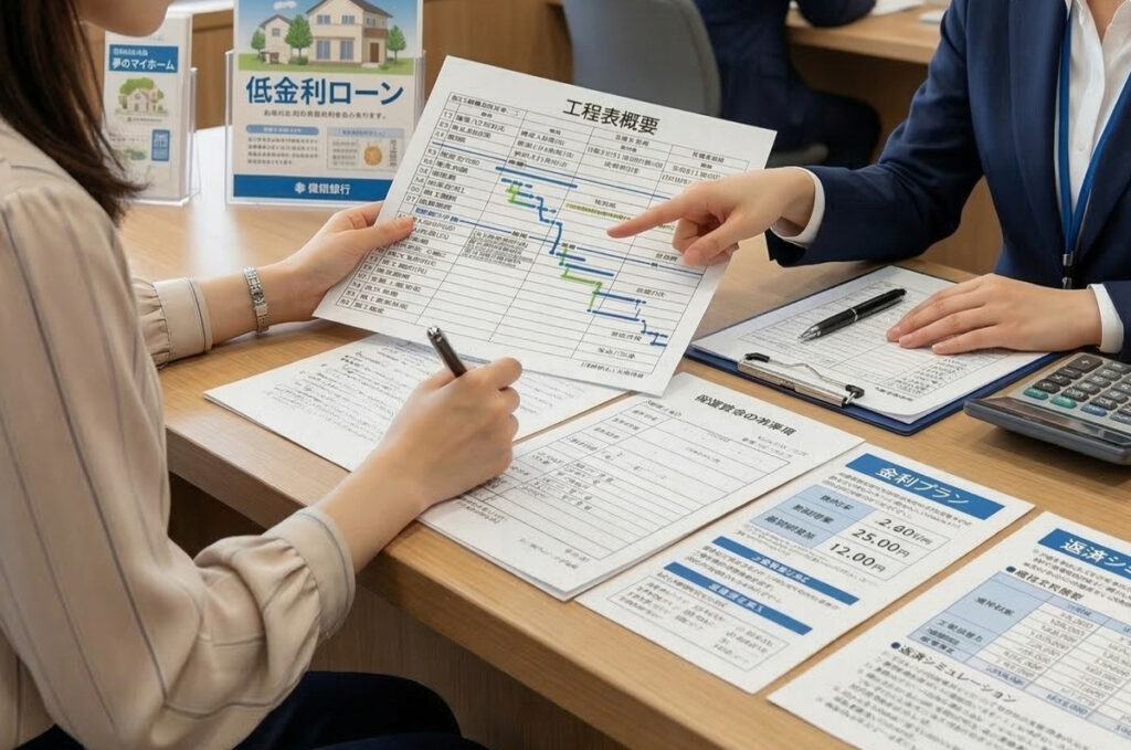 銀行の窓口で「工程表」や「低金利ローン」の資料を広げ、担当者から資金計画や融資のタイミングについて説明を受けている手元。